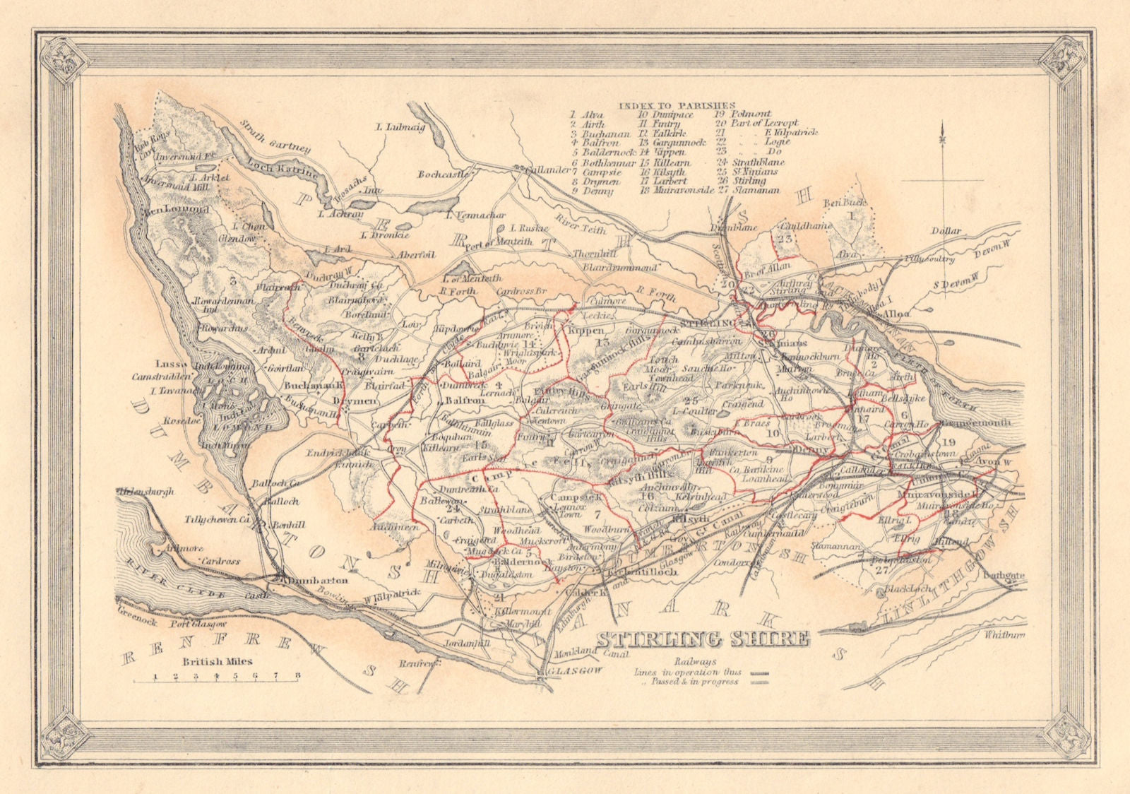 Decorative antique county map of Stirlingshire, Scotland. FULLARTON 1866